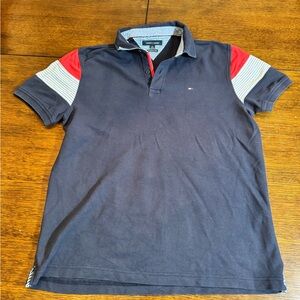 Tommy Hilfiger Black Polo with Red and Gray Stripes